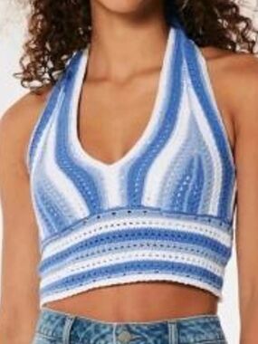 Hollister Blue and White Crochet Halter Top